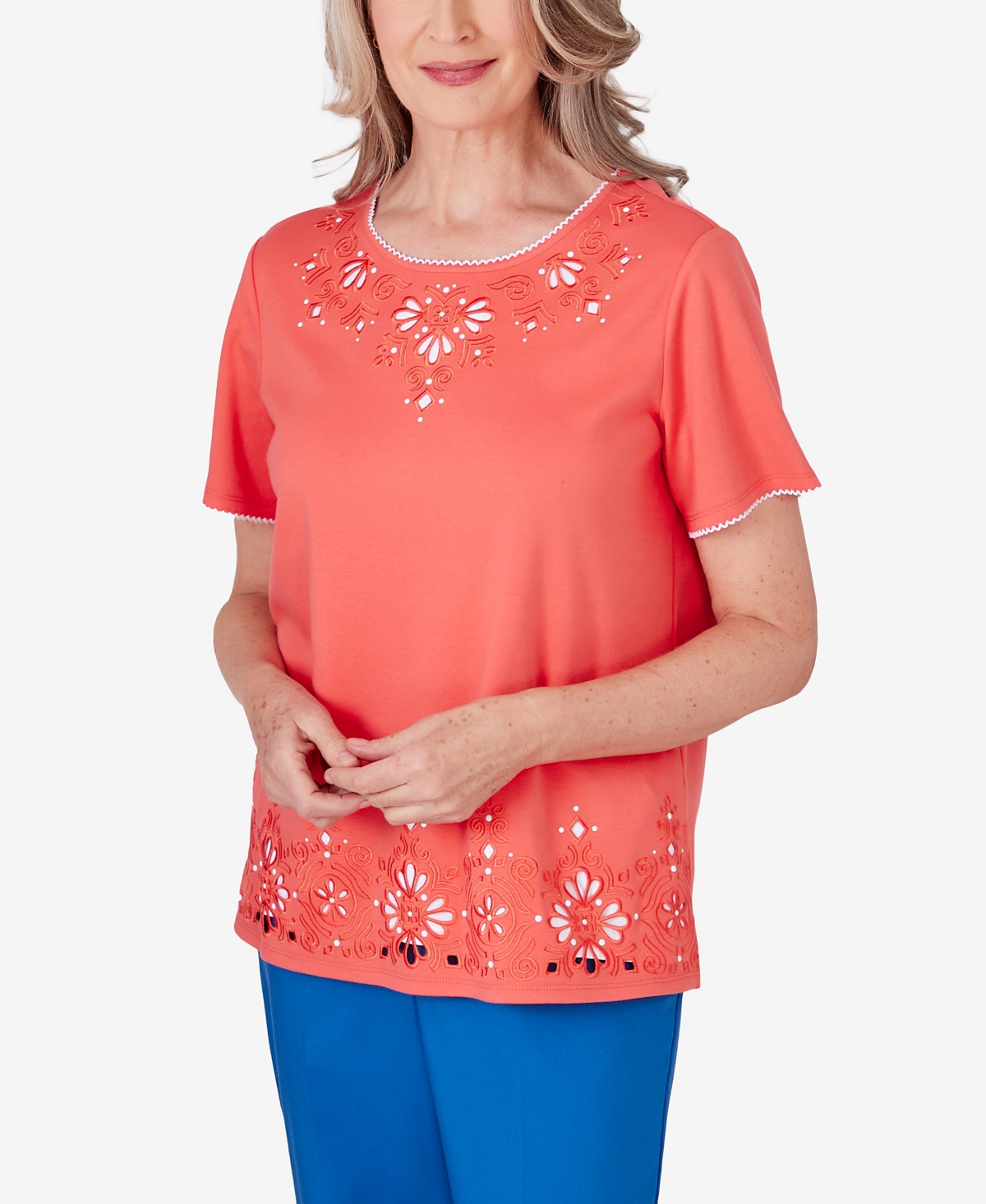 Shop Alfred Dunner Petite Neptune Beach Medallion Cut Out Top In Coral