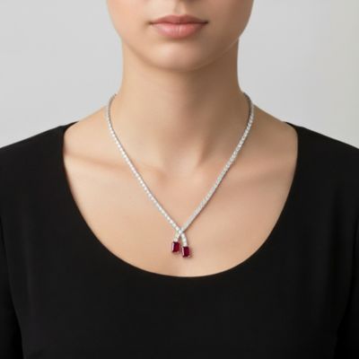 Sterling Silver White Gold Plated with Two-Stone Tennis Chain Collar Necklace