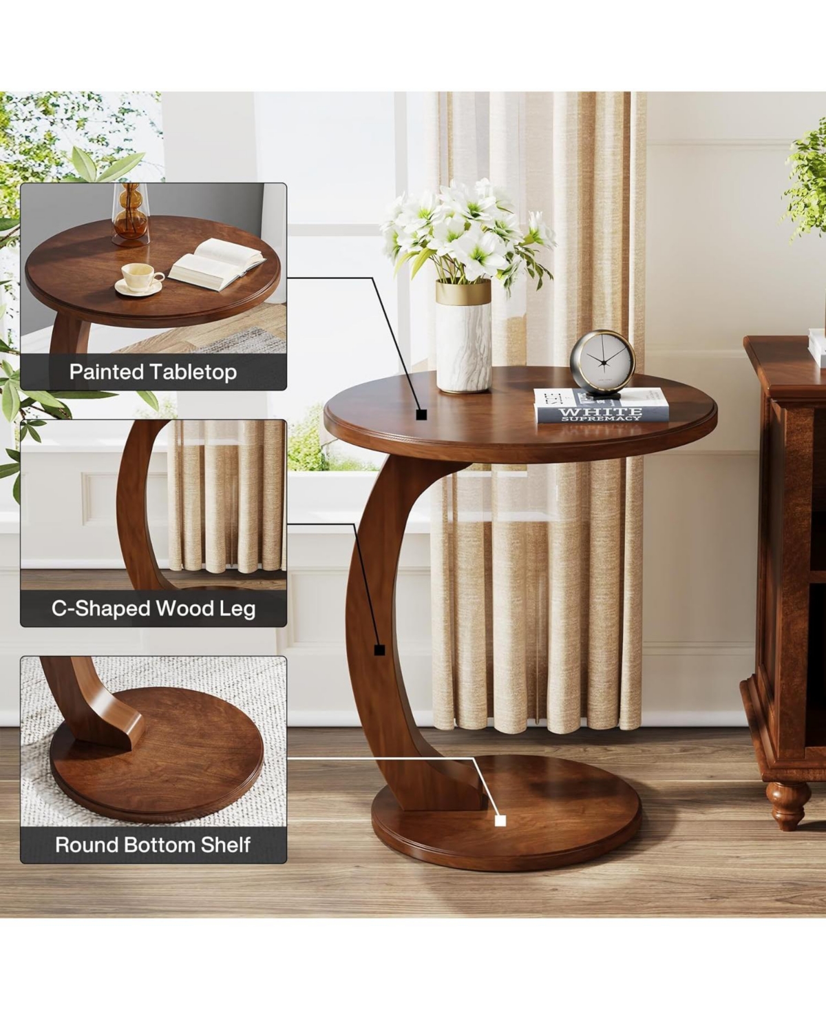 Tribesigns Round End/Side Table, Wooden C-Shaped End Table for Living Room, Bedroom