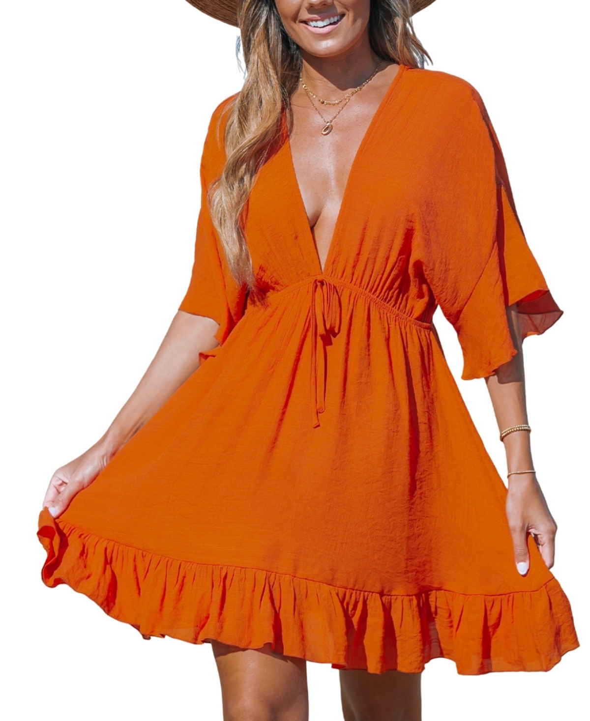 Women's Ruffled Tie Front Mini Cover-Up Dress - Orange