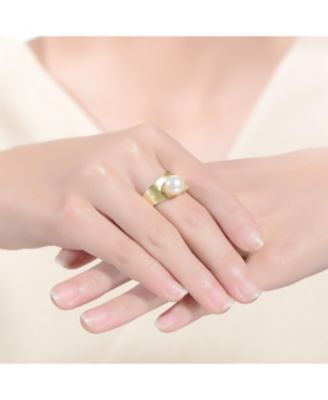 Sterling Silver 14K Gold Plated with Genuine Freshwater Pearl Linear Adjustable Ring