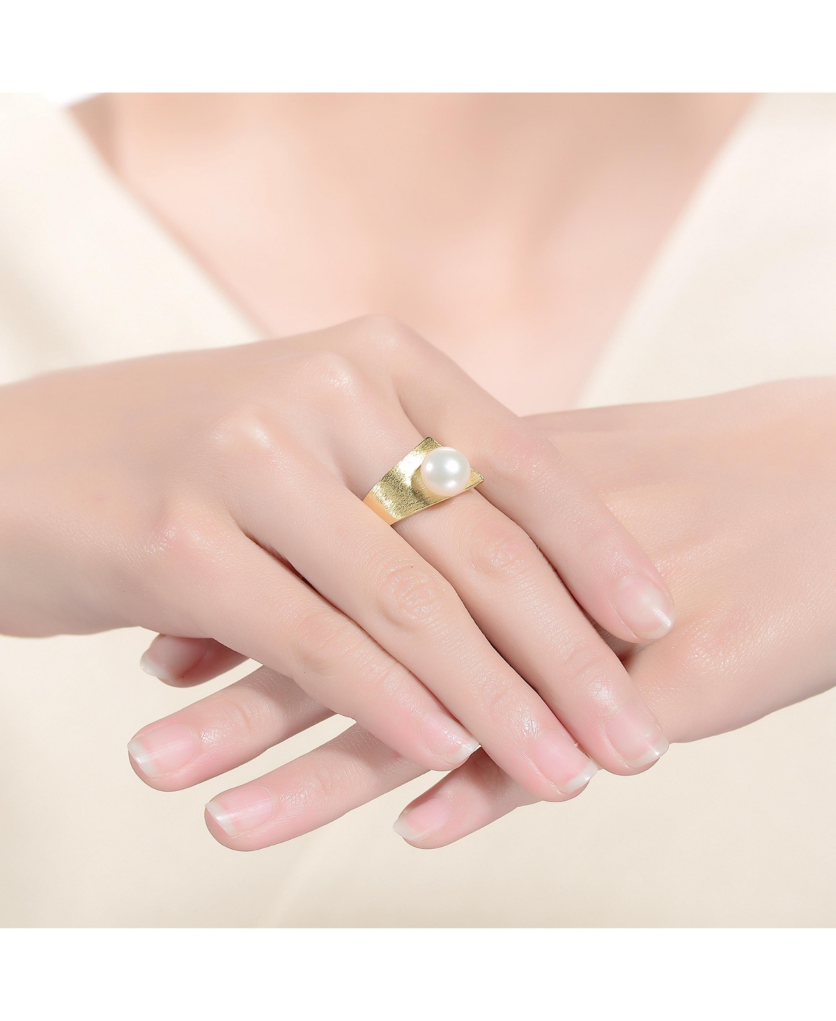 Sterling Silver 14KPlated with Genuine Freshwater Pearl Linear Adjustable Ring - Gold
