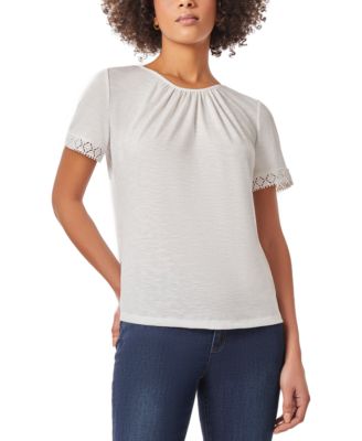 Jones New York - Petite Drapey Textured Lace-Trim Top