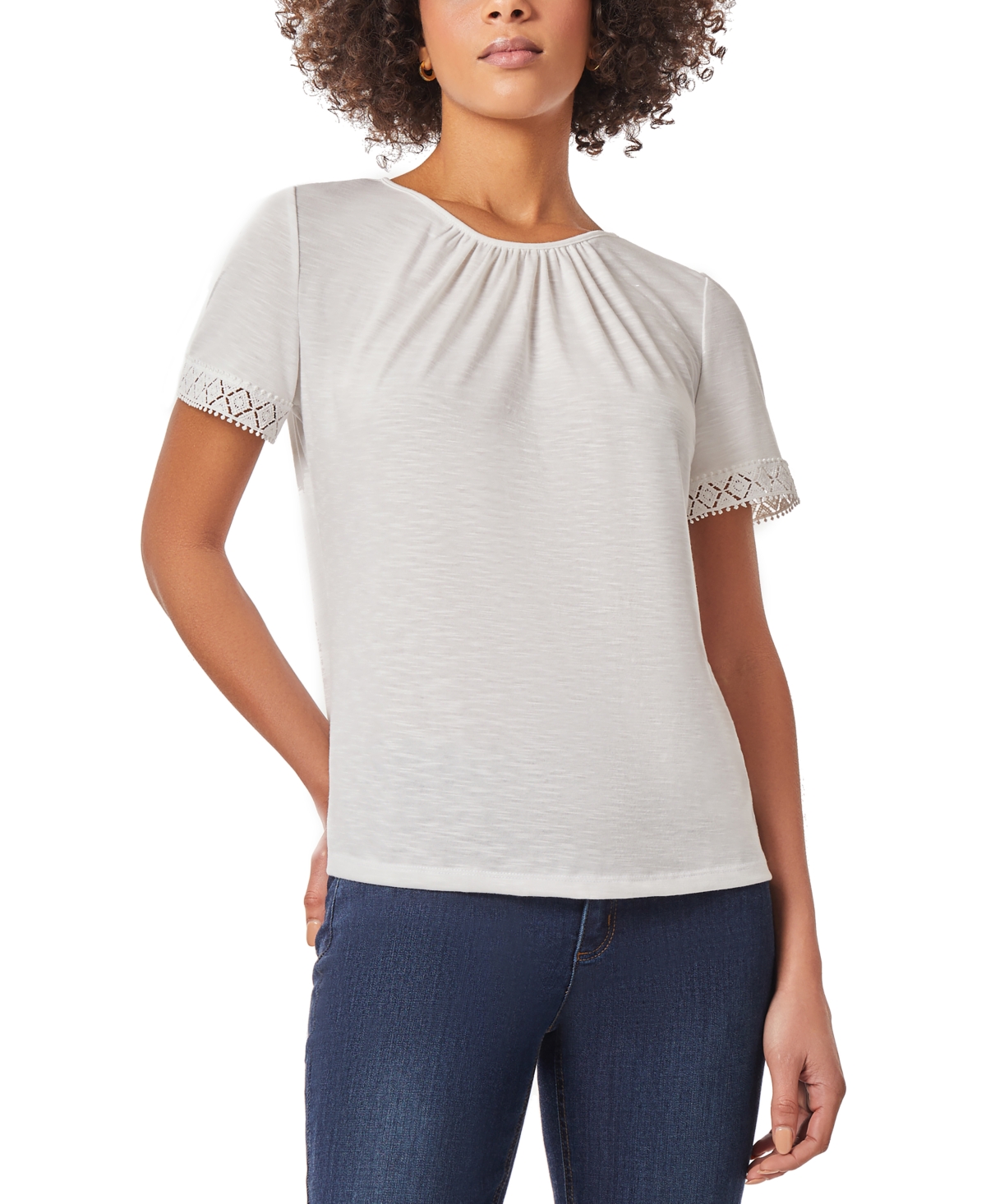 Petite Drapey Textured Lace-Trim Top - NYC White