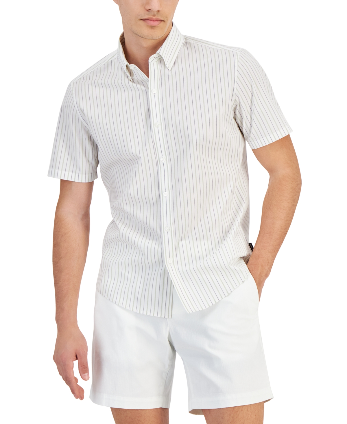 Men's Slim-Fit Stretch Stripe Button-Down Shirt - White