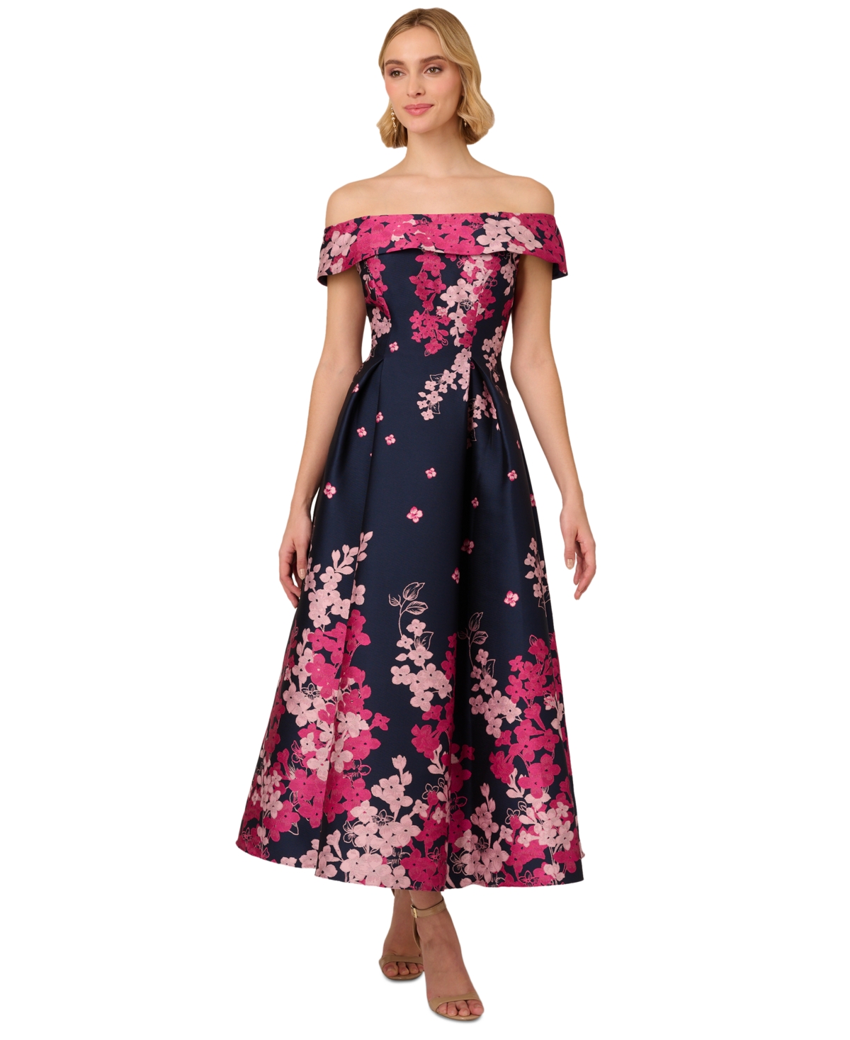 Shop Adrianna Papell Women's Floral-print Off-the-shoulder Dress In Navy Pink Multi