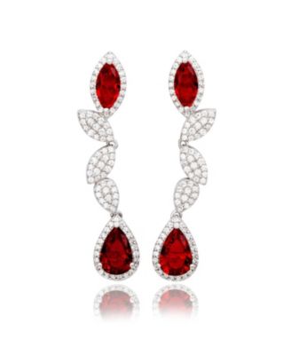 Suzy Levian Sterling Silver Cubic Zirconia Pear and Marquise Leafy Drop Dangle Earrings