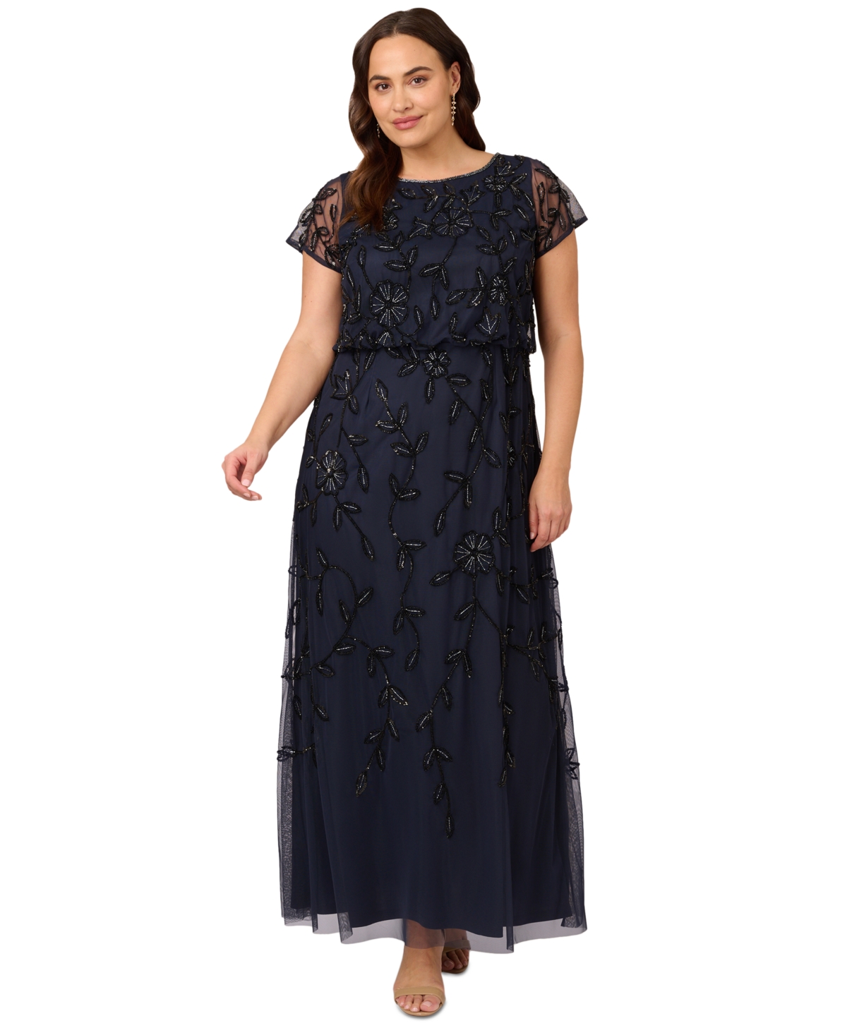 Shop Adrianna Papell Plus Size Blouson Beaded Short-sleeve Gown In Navy Black