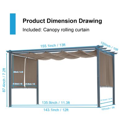 120''x155.1''x87.4'' Outdoor Pergola with Retractable Canopy, Aluminum Frame, 4 Pieces Patio Sun Shade Shelter for Backyard.