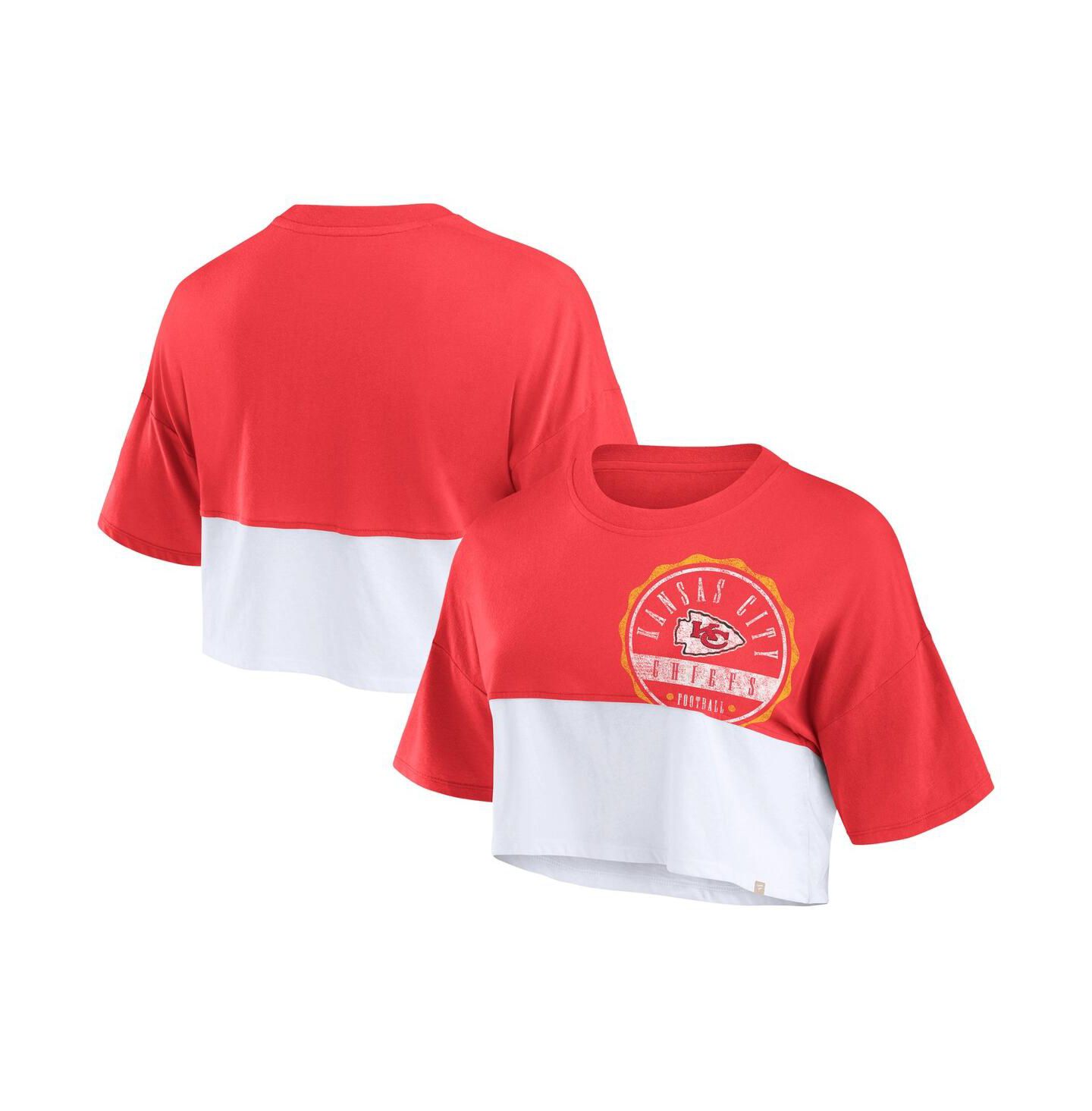Женская футболка Fanatics Red, White Kansas City Chiefs Boxy Color Split Cropped — фото 1