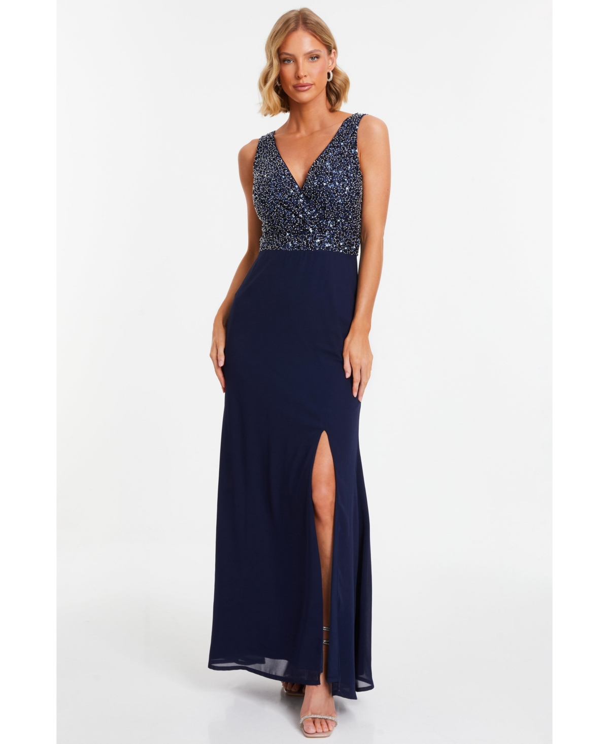 Plus Size Chiffon Embellished Wrap Split Evening Dress - Blue