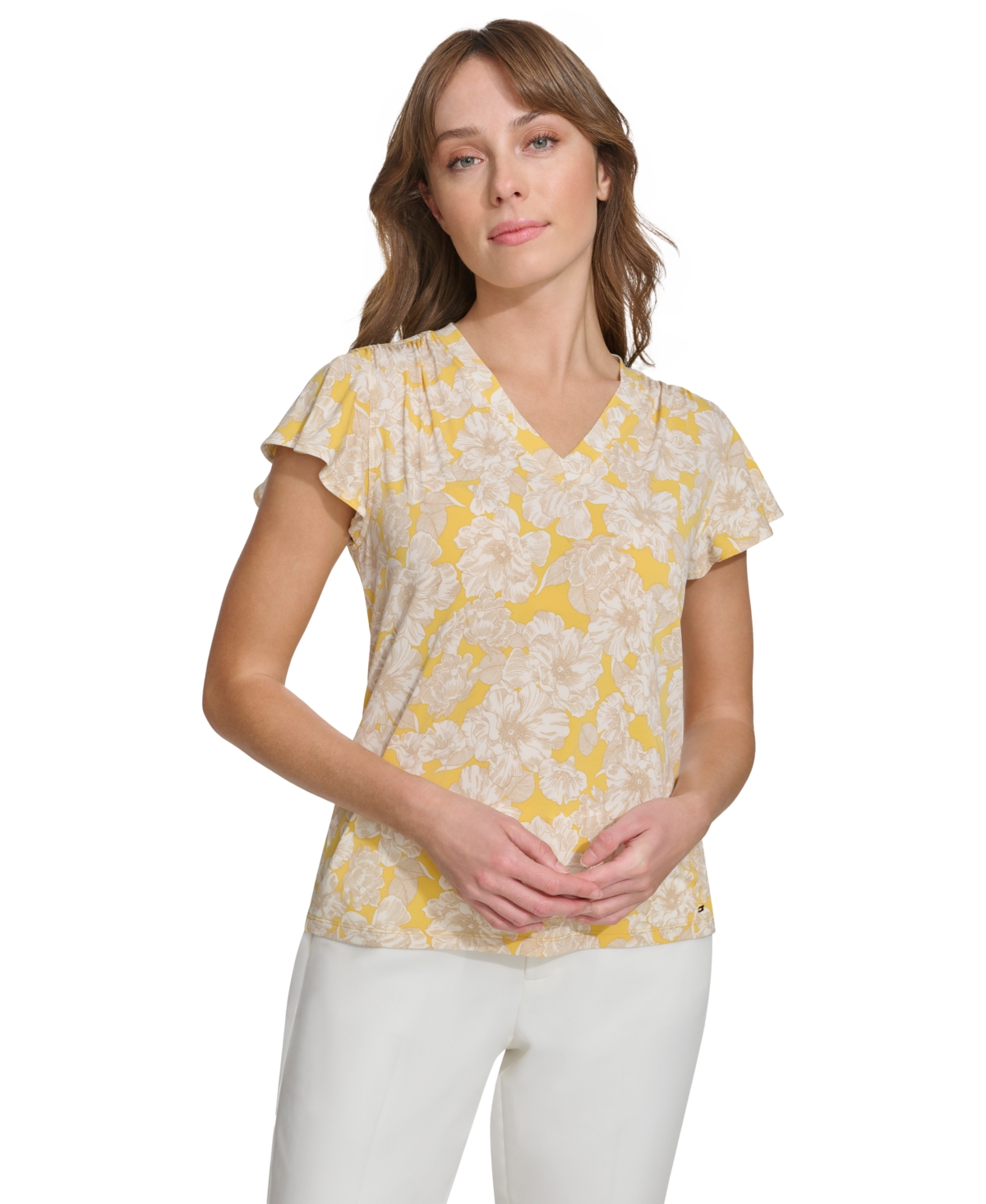Women's Floral-Print Flutter-Sleeve Shirred-Shoulder V-Neck Top - Dp Mze Com