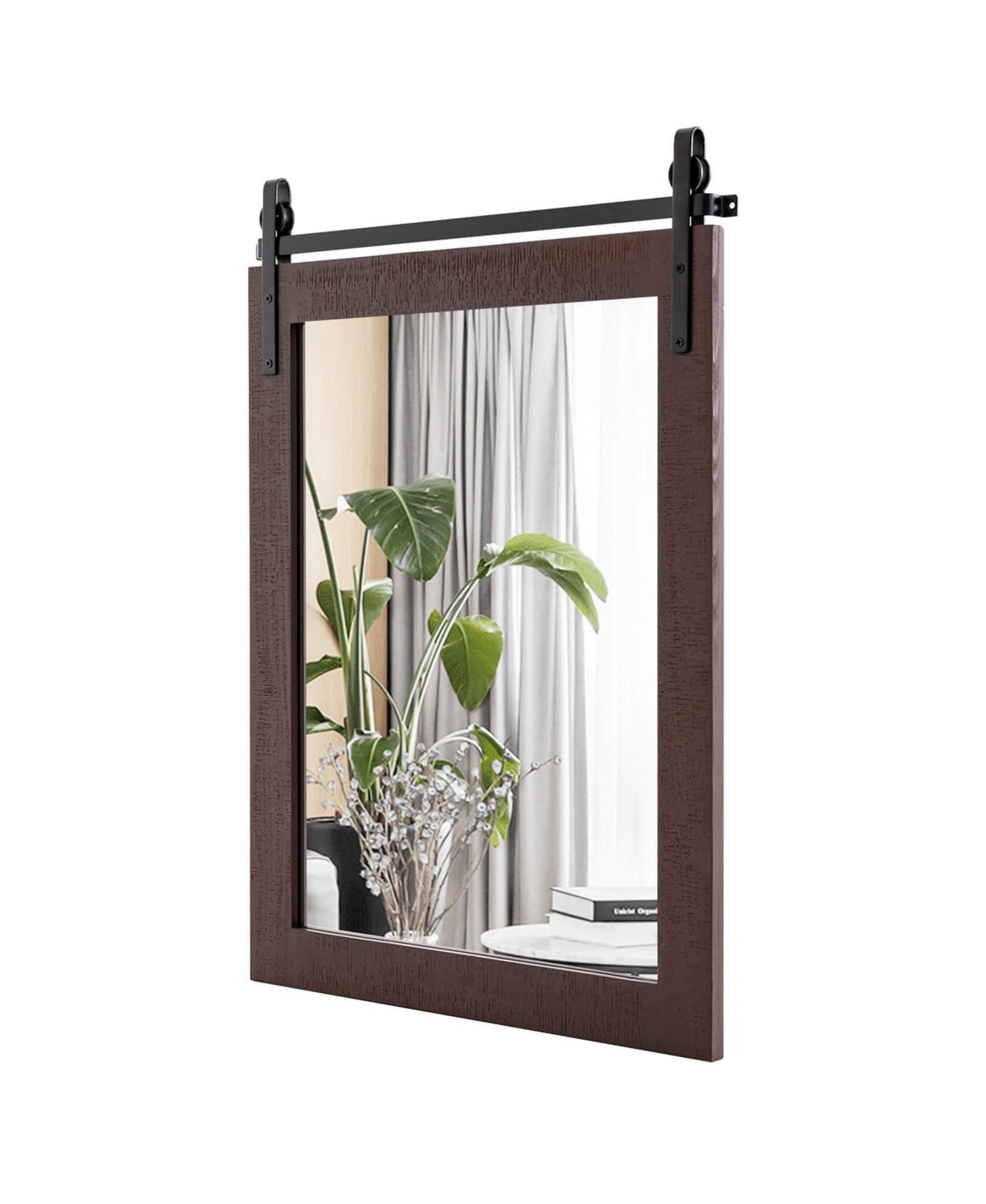 30''x22'' Wall Mount Mirror Decor Vanity Mirror Wood Frame Barn Door Style - Brown
