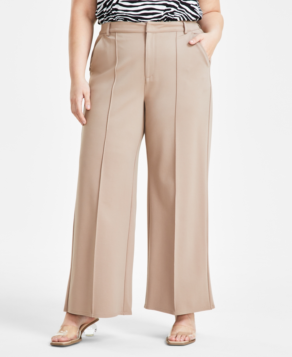 Bar Iii Trendy Plus Size High-rise Wide-leg Ponte-knit Pants, Created For Macy's In Warm Ginger