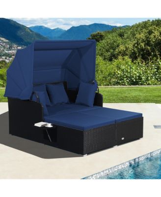 Patio Rattan Daybed Lounge Retractable Top Canopy Side Tables Cushions