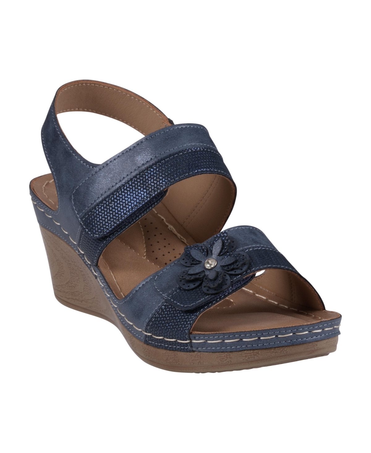 Gc Shoes Women's Tulip Stay-put Double Band Flower Wedge Sandals In Blue