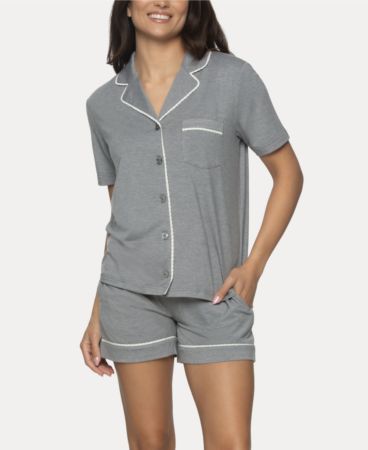 Shop Felina Women's Jessie 2 Pc. Pajama Short Set In Heather Silver Filigree