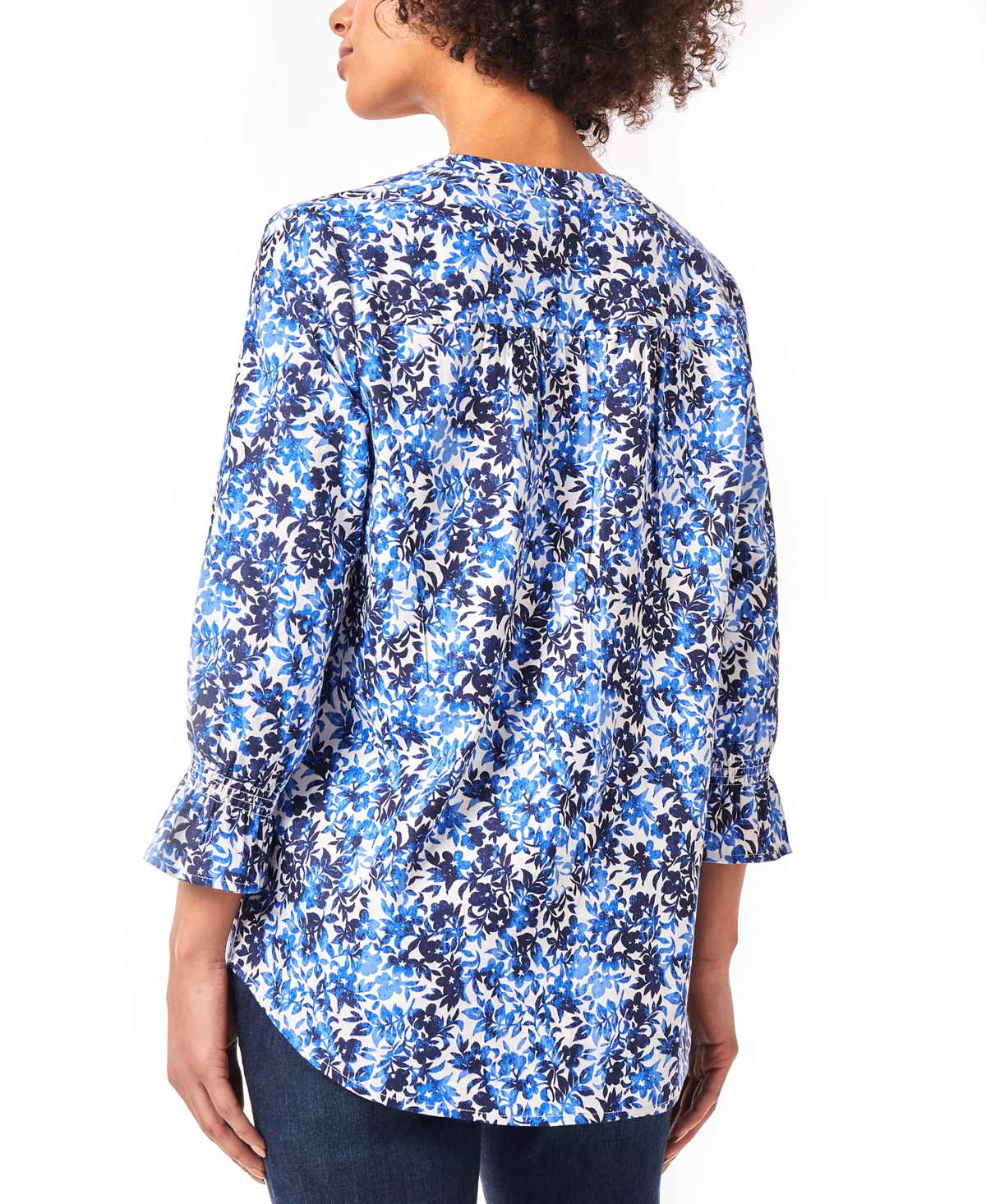 Jones New York Women's Floral-Print Smocked-Cuff Pleat-Front Top -Blue Horizon