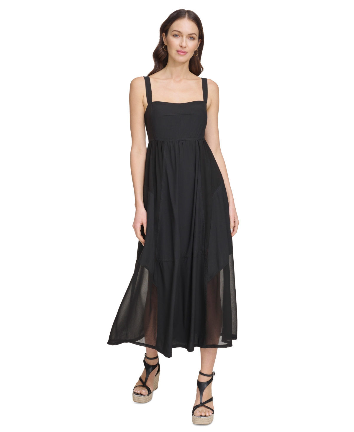 Shop Dkny Women's Solid Square-neck Sleeveless Chiffon Dress In Black