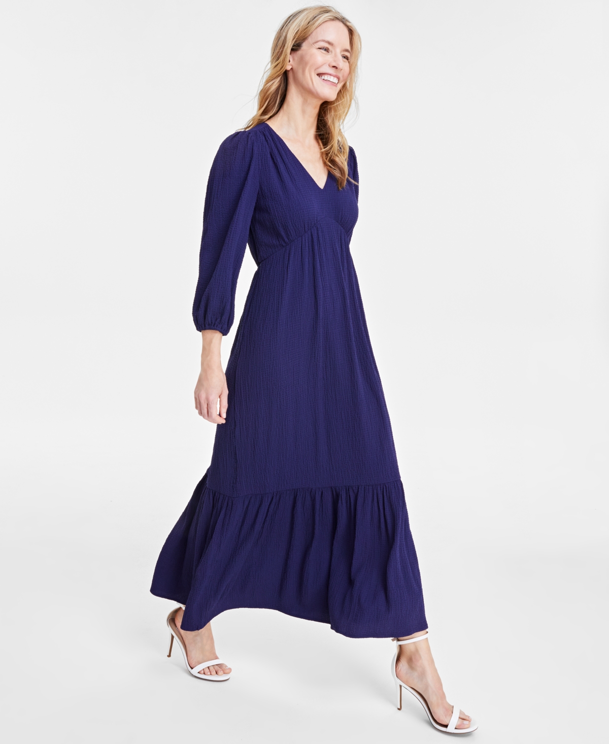 Shop Anne Klein Women's V-neck Long-sleeve Midi Dress In Distant Mo