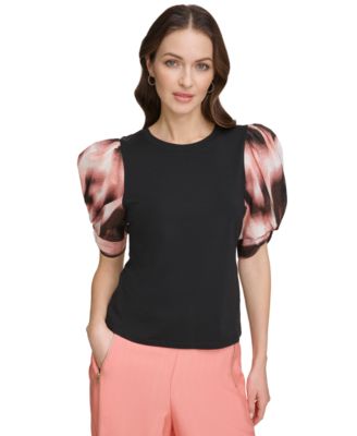 DKNY - Women's Printed-Chiffon-Sleeve Crewneck Knit Top