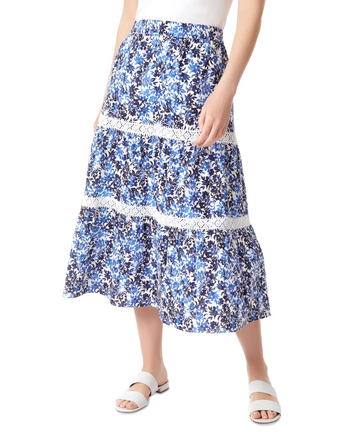 Shop Jones New York Women's Floral-print Lace-trimmed Tiered Pull-on Midi Skirt In Nyc White,blue Horizon