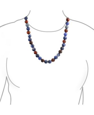 Bali Style Blue Natural Sodalite Brown Tiger Eye Ball Bead Strand Necklace Stainless Steel Hook Clasp