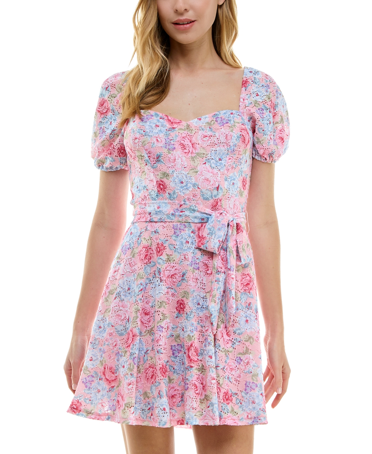 Juniors' Floral-Print Pointelle Tie-Waist Skater Dress - Blush/blue