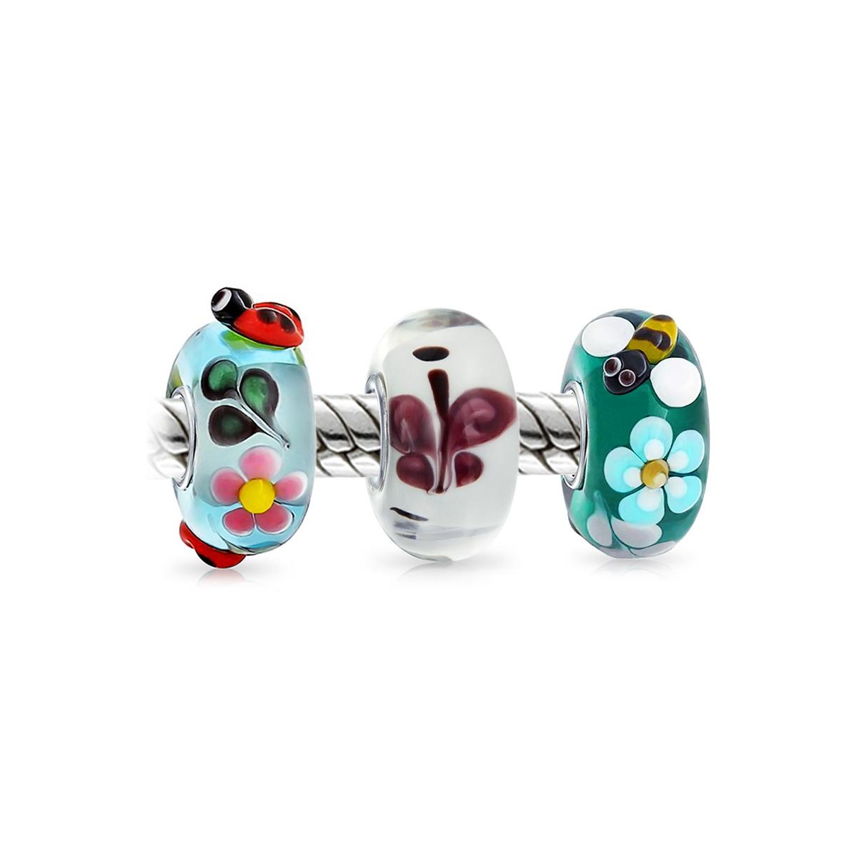 Bling Jewelry Insect Set Bundle Sterling Silver Core Multi Color 3D Lamp Work Murano Glass Ladybug Butterfly Bumble Bee Charm Bead Spacer Fits Europea
