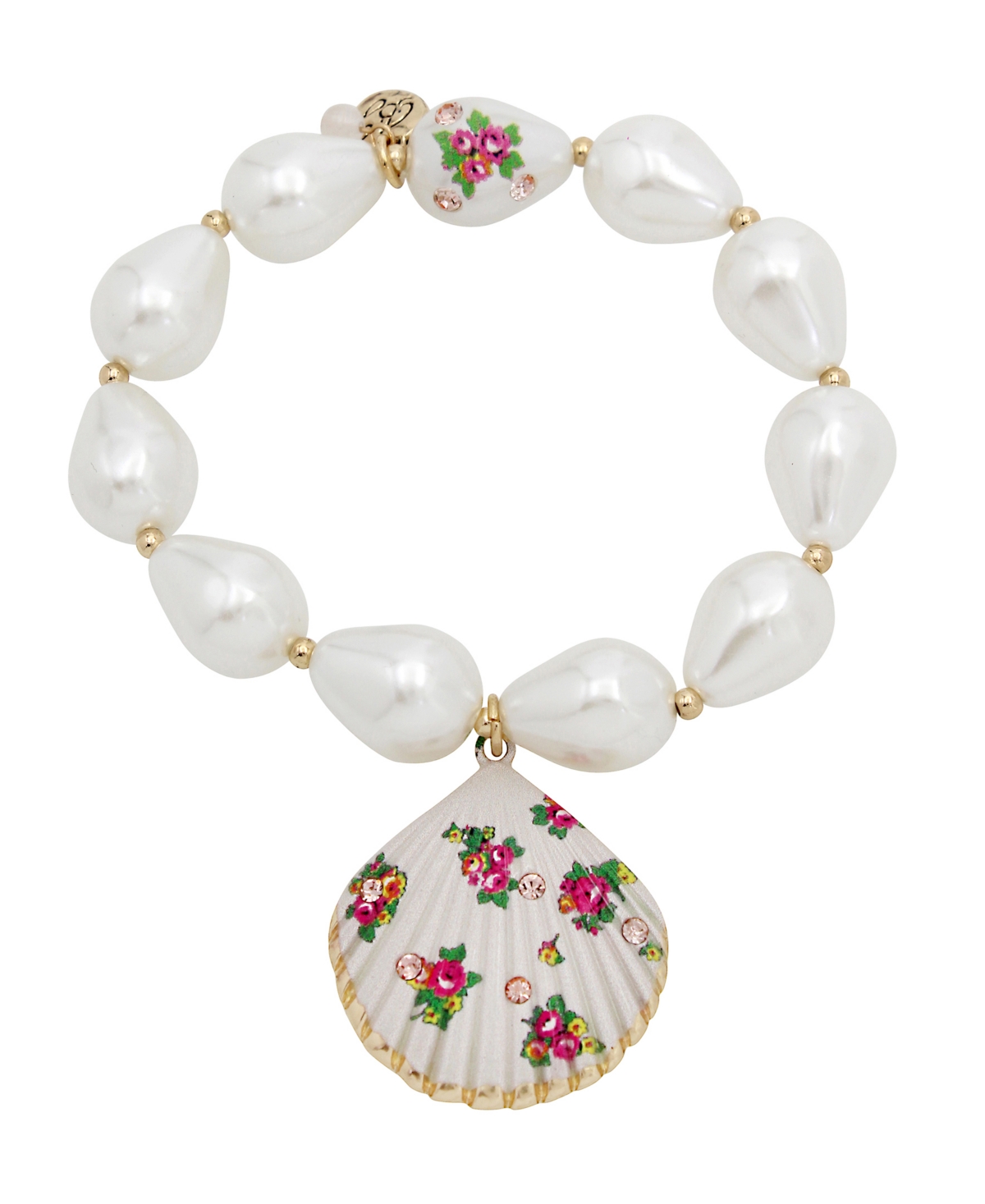 Betsey Johnson Faux Stone Floral Shell Imitation Pearl Stretch Bracelet In White,gold