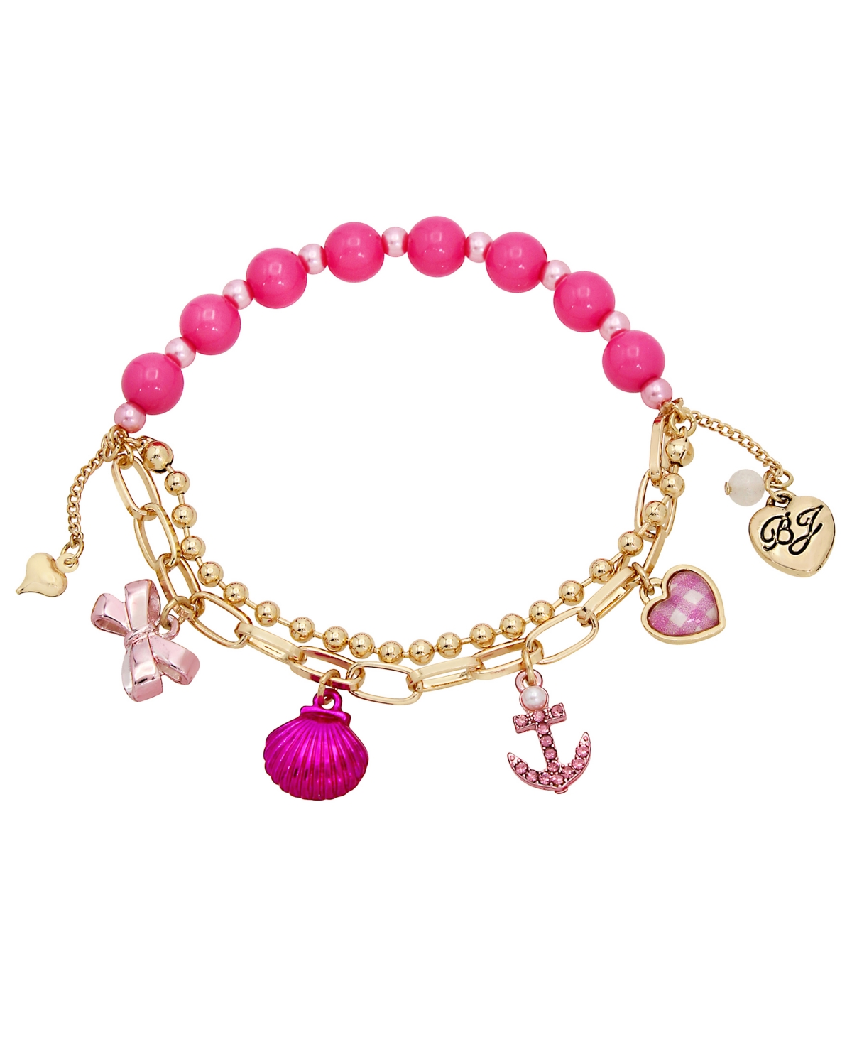 Betsey Johnson Faux Stone Seashell Anchor Charm Stretch Bracelet In Pink,gold