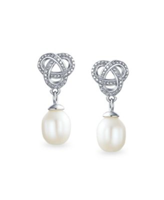 Love Knot White Freshwater Cultured Pearl Teardrop Dangle Earrings Prom Sterling Silver