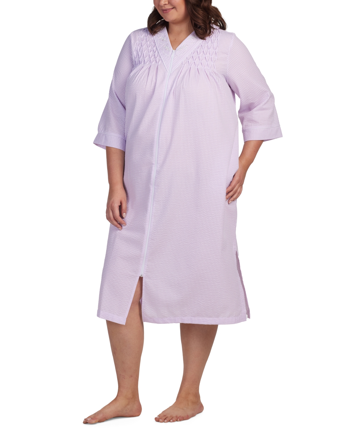 Plus Size Checkered Long-Sleeve Robe - Lilac/white Check