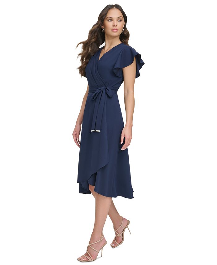dkny tie sleeve faux wrap dress