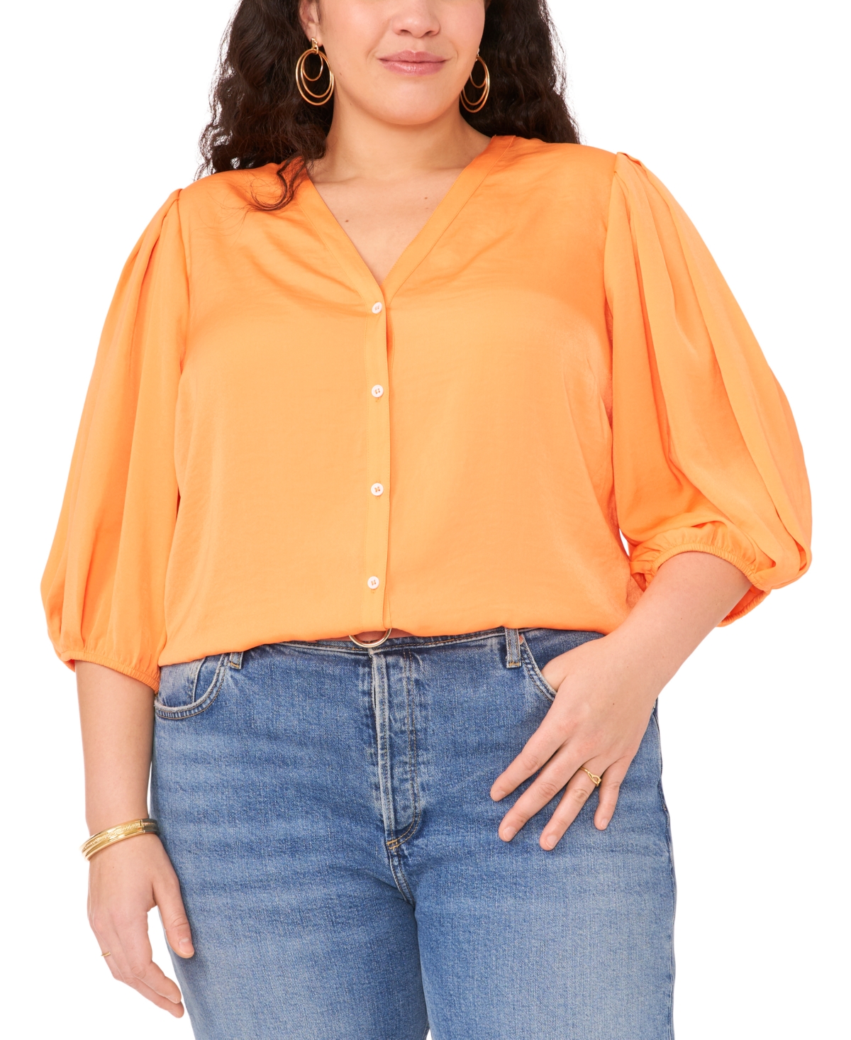 Plus Size V-Neck Balloon-Sleeve Shirt - Orange Fiz