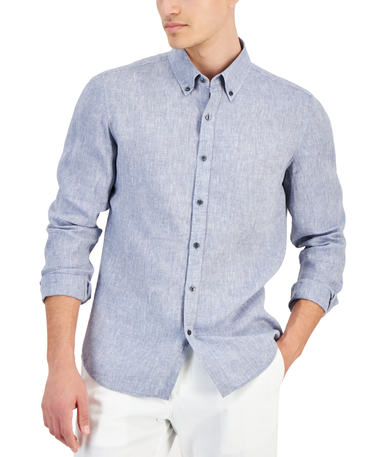 Shop Michael Kors Men's Slim Fit Long Sleeve Button-down Linen Shirt In Denim