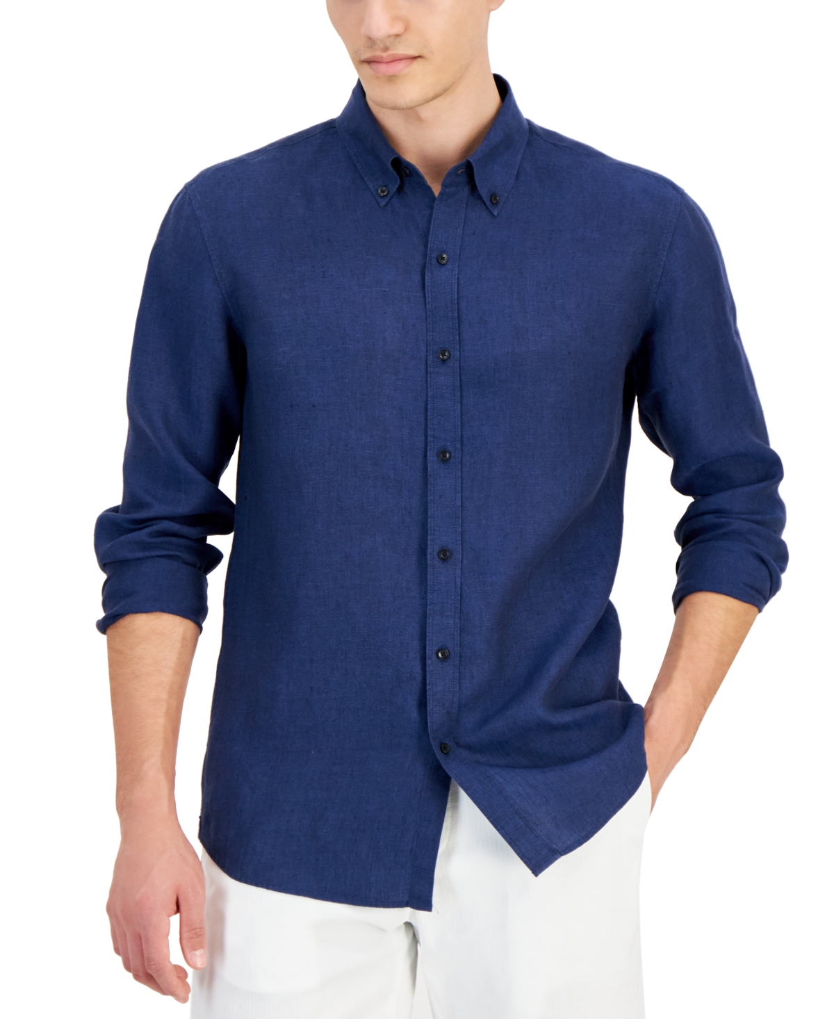 Men's Slim Fit Long Sleeve Button-Down Linen Shirt - Pastel Blue