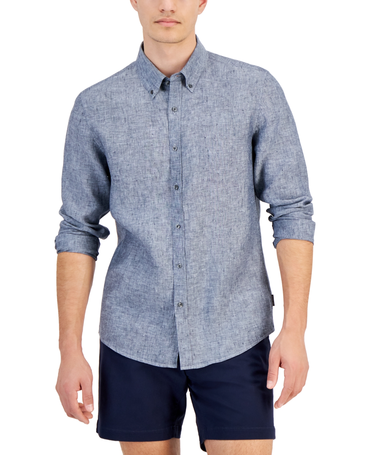 Men's Slim Fit Long Sleeve Button-Down Linen Shirt - Pastel Blue