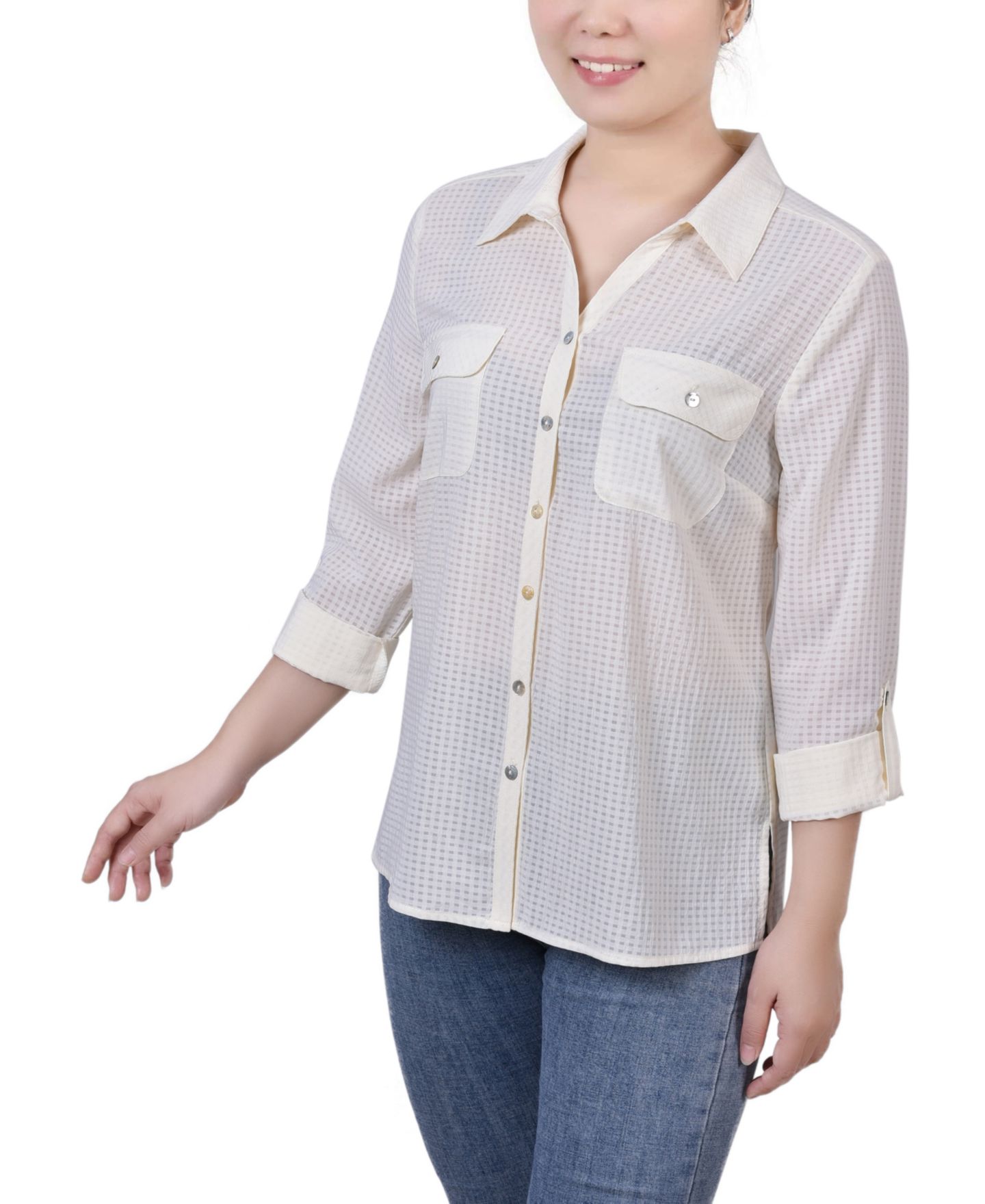 Женская блузка NY Collection 3/4 Sleeve Windowpane, цвет: Слоновая кость — фото 3