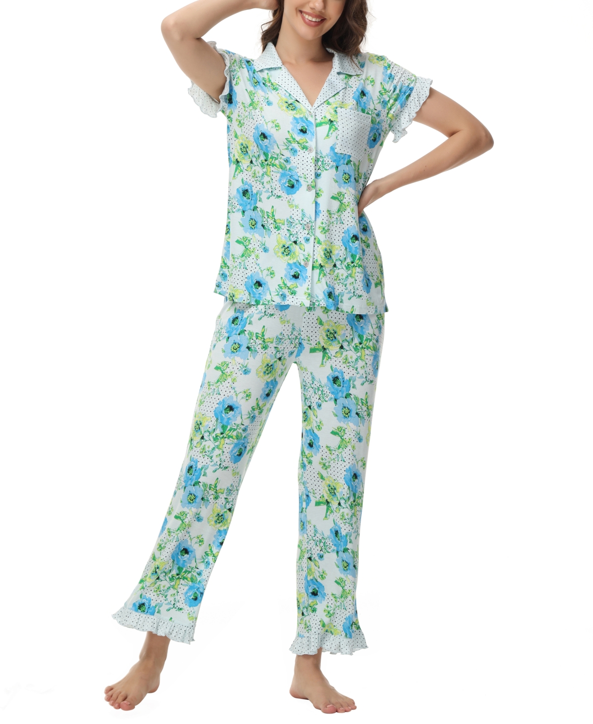 C. Wonder Women's Printed Notch Collar Short Sleeve with Ruffle and Pants 2 Pc. Pajama Set