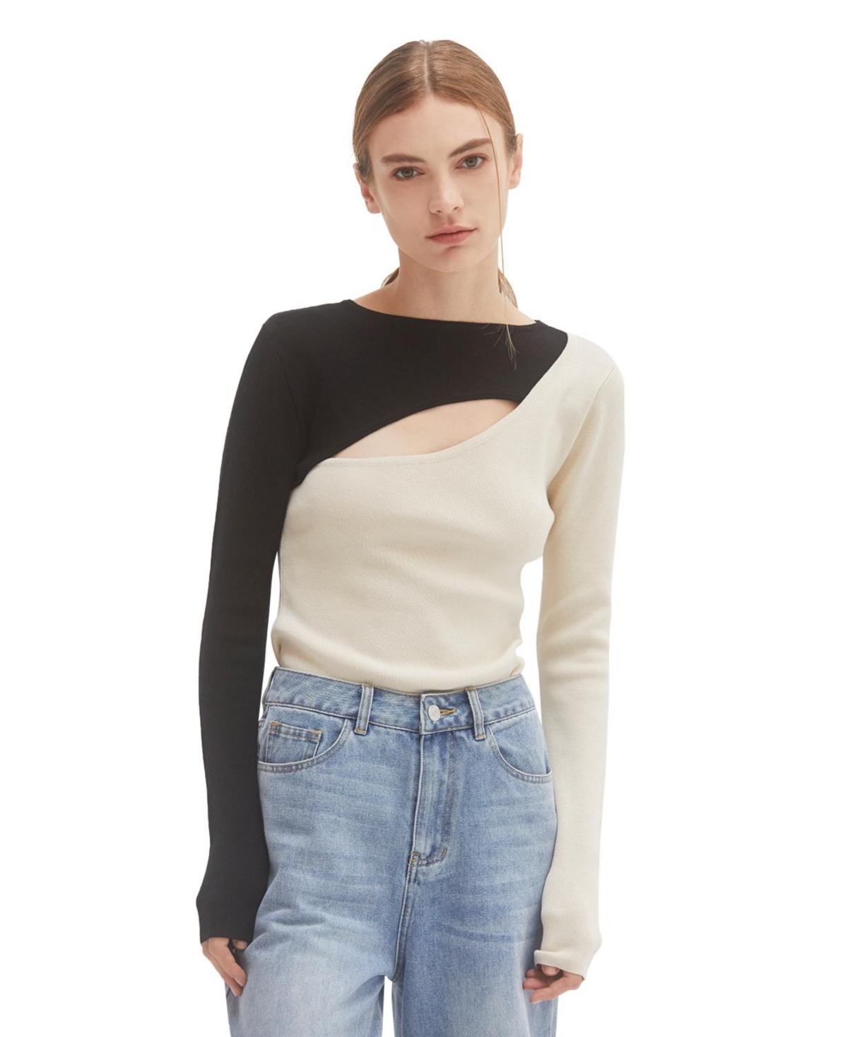 Women's Carly Color Block Knit Top with Cut Out Detail - Black + black/cream