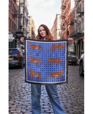 Double Sided Silk Scarf Of Blue Leopards Garden