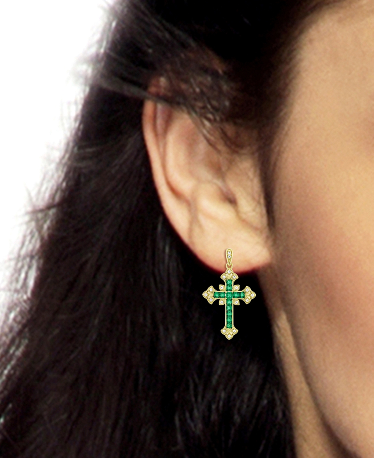 Lab-Grown Blue Sapphire (5/8 ct. t.w.) & Lab-Grown White Sapphire (1/10 ct. t.w.) Ornate Cross Drop Earrings in 14k Gold-Plated Sterling Silver (Also