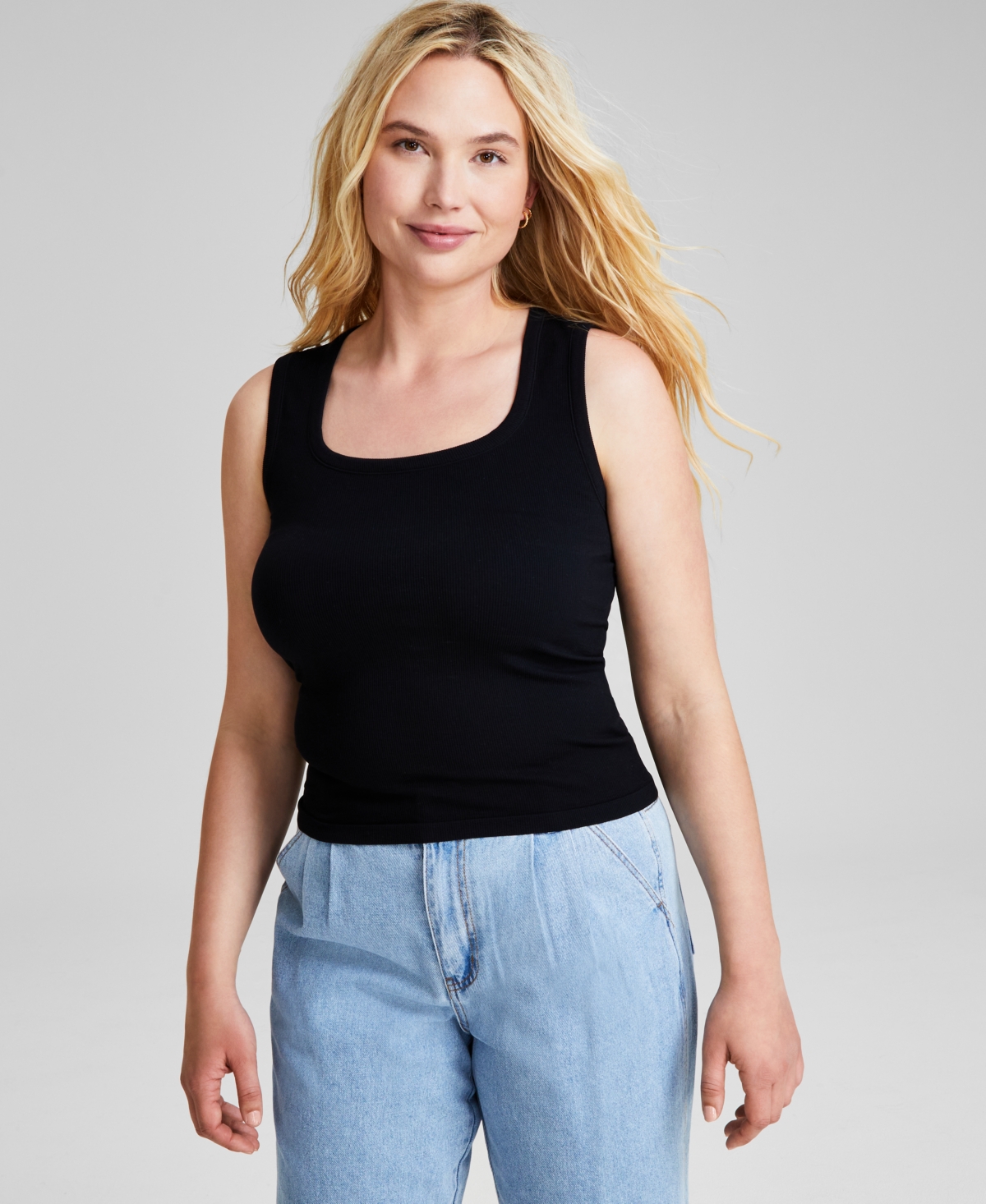 Women's Ribbed Seamless Square-Neck Tank Top, Created for Macy's - Black