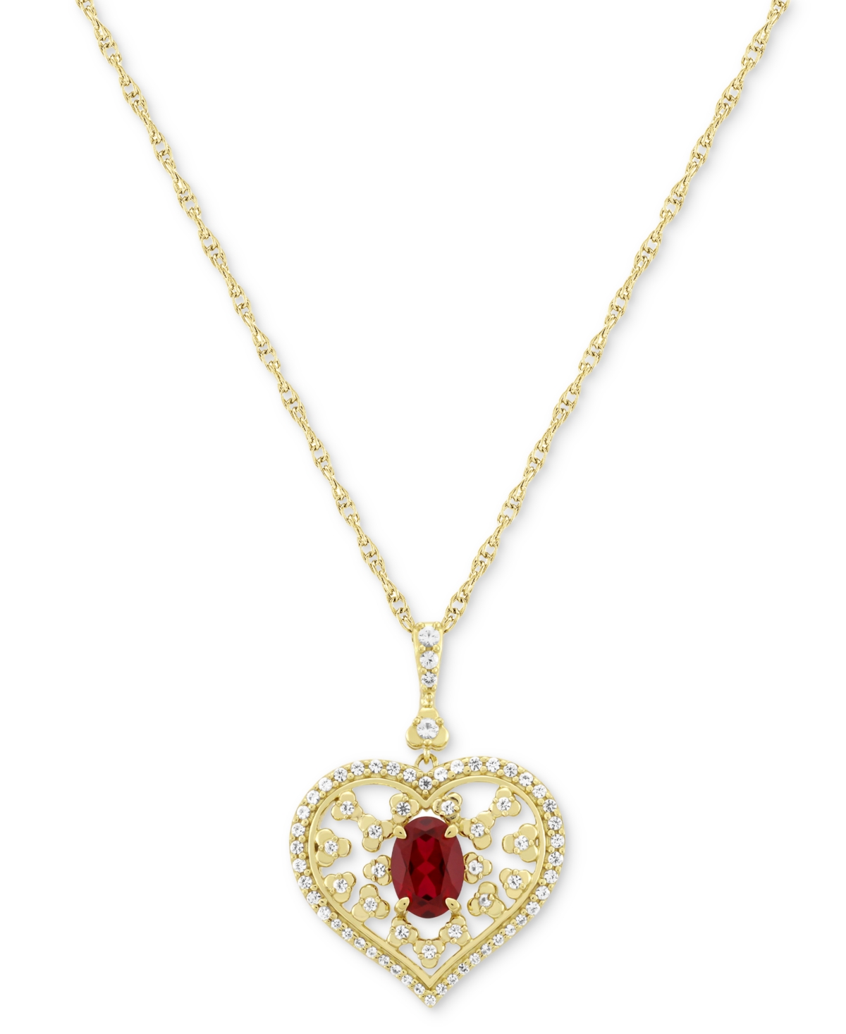 Lab-Grown Ruby (3/4 ct. t.w.) & Lab-Grown White Sapphire (3/8 ct. t.w.) Openwork Heart 18" Pendant Necklace in 14k Gold-Plated Sterling Silver - Ruby