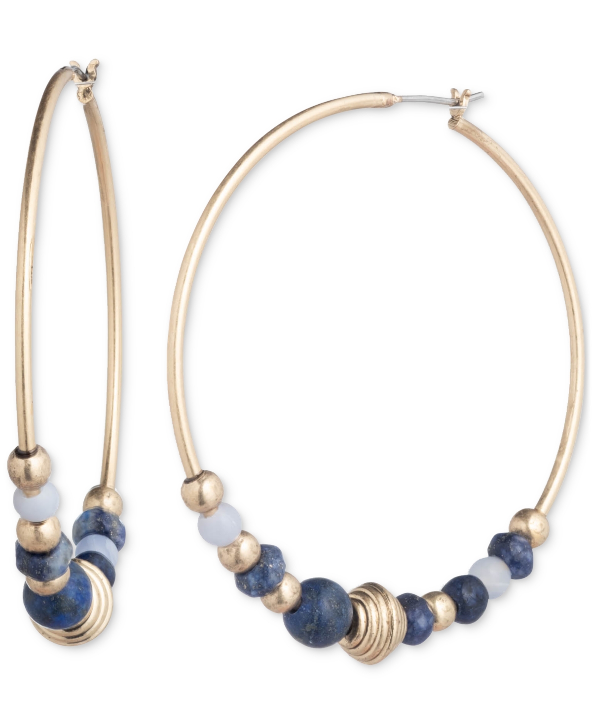 Gold-Tone Medium Natural Bead Hoop Earrings, 1.8" - Blue