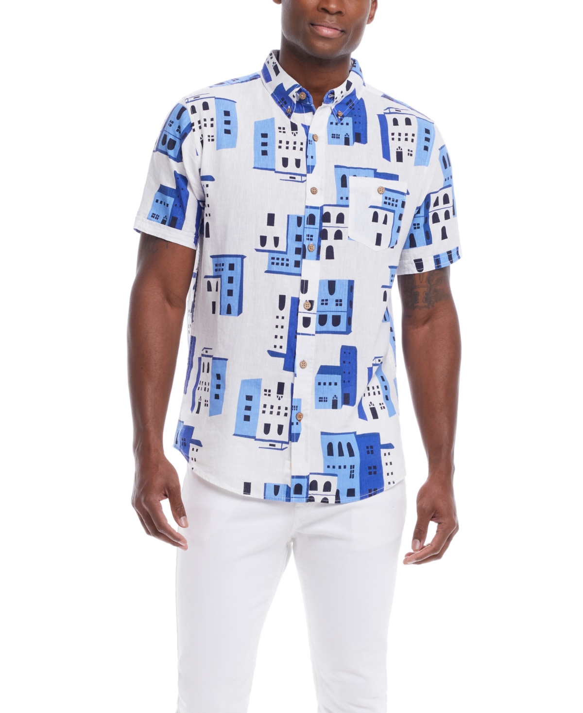 Men's Short Sleeve Print Linen Cotton Shirt - Amparo Blue