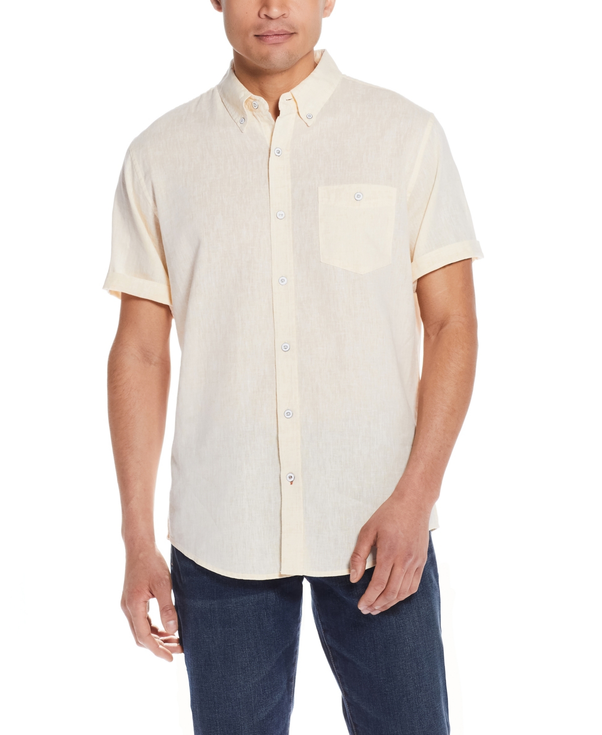 Shop Weatherproof Vintage Men's Short Sleeve Solid Linen Cotton Shirt In Cornsilk