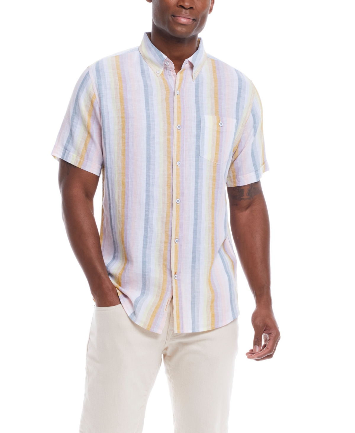 Men's Short Sleeve Stripe Linen Cotton Shirt - Peach Echo