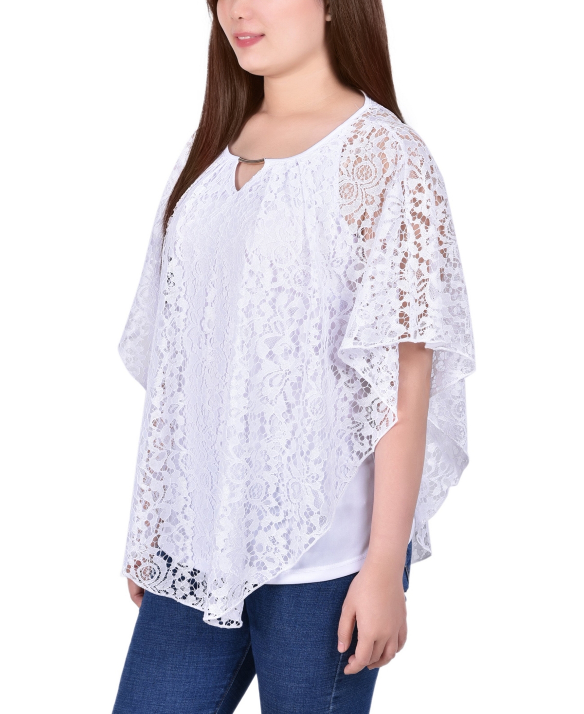 Ny Collection Petites Womens Poncho Sleeve Lace Overlay Blouse In White